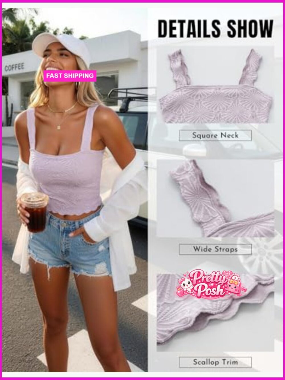 Polyester Spandex Blend Square Neck Cropped Tank Top Floral Embroidery - Picture 6 of 7